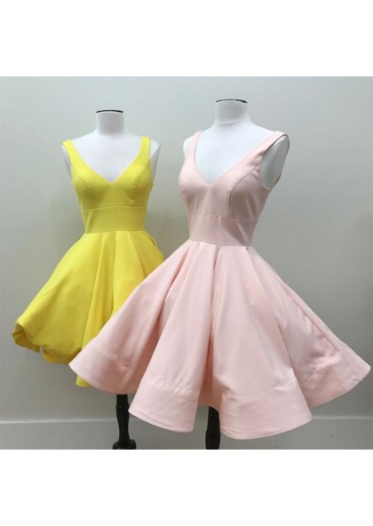 Knee Length Satin Simple V Neck Short A Line Prom Dresses 2020