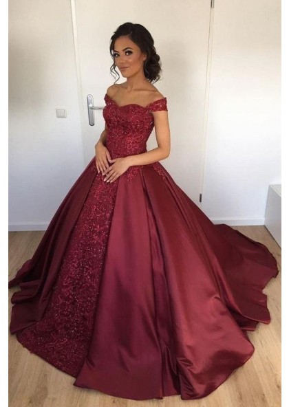 off the shoulder ball gown prom dress