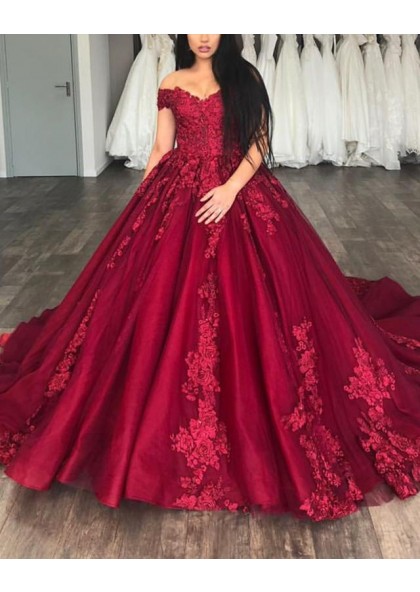 burgundy off the shoulder ball gown