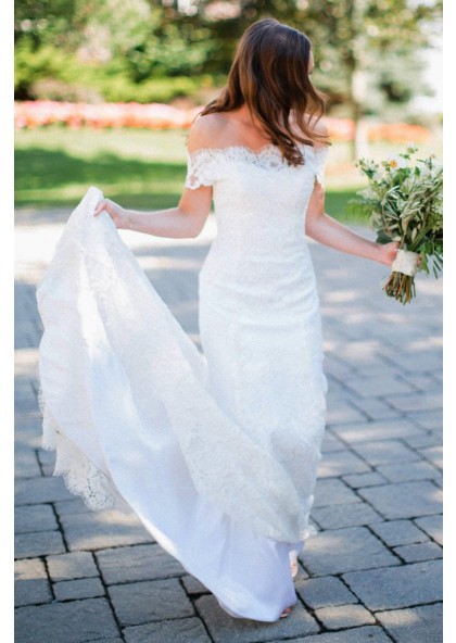 off the shoulder sheath wedding dress