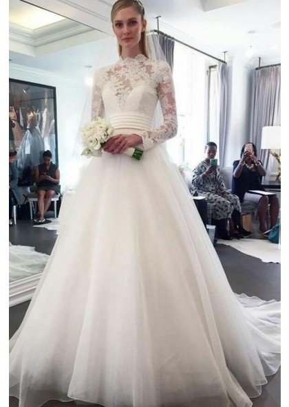 high neck lace wedding dress with sleeves