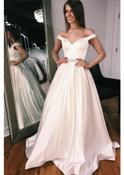 2022 Elegant A Line Satin Off Shoulder Sweetheart Wedding Dresses