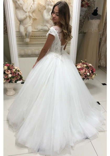 2023 New Designer A Line Tulle Sweetheart Capped Sleeves Lace Wedding ...