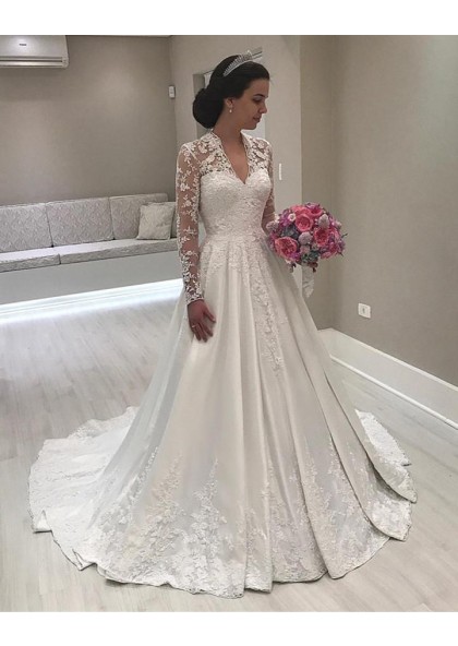 2024 A Line Classic Satin Long Sleeves V Neck Lace Long Wedding Dresses