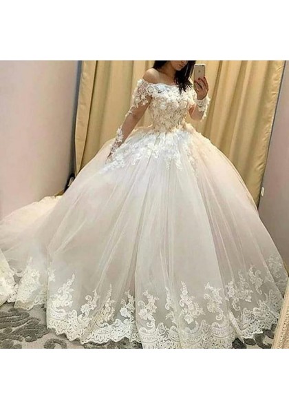 2023 New Designer Long Sleeves Off Shoulder Flowers Ball Gown Lace Up ...