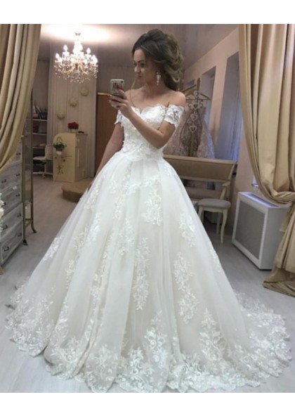 Elegant A Line Off Shoulder V Neck Lace Wedding Dresses With Short ...