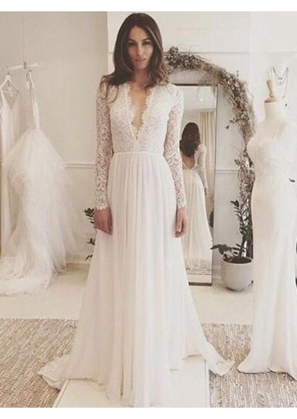 a line deep v wedding dress