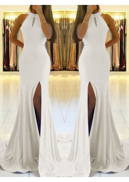 2020 Charming White Sheath Side Slit Lace Up Back Backless Halter