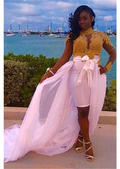 2020 Sheath White And Gold Appliques Long Sleeves Knee Length High