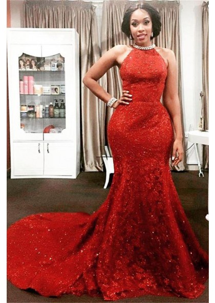 Charming Red Mermaid Lace Backless High Neck Long African American Prom Dress 21