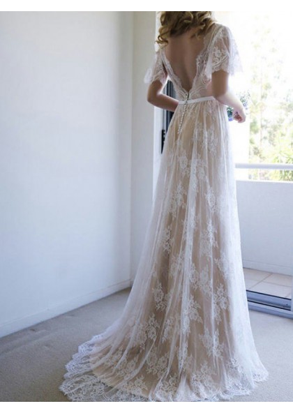 short sleeve backless wedding dress