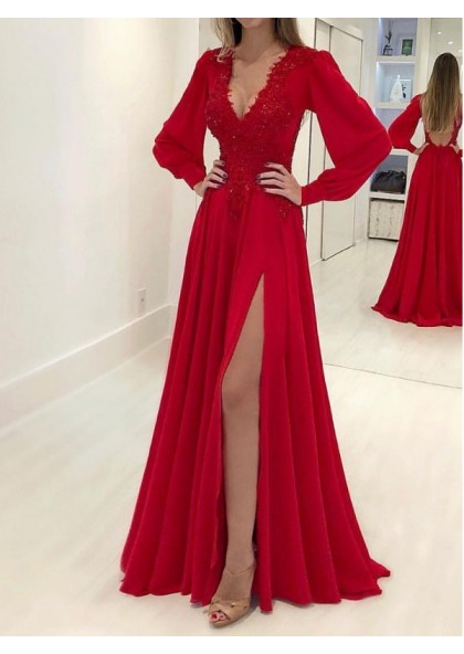 long sleeve long red dress