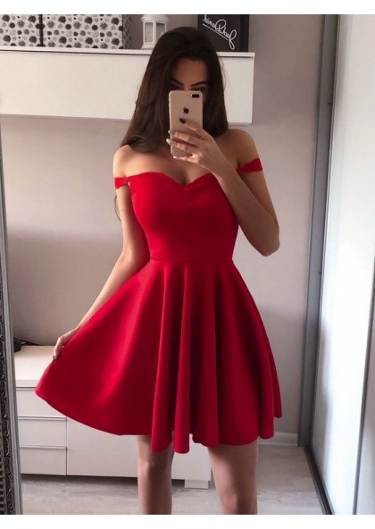 A Line Red Off The Shoulder Sweetheart Pleated Short Satin Homecoming ...
