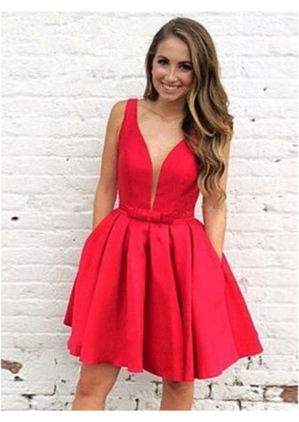 Sleeveless Red A Line Pleated Satin Deep V Neck Short Simple Sexy ...