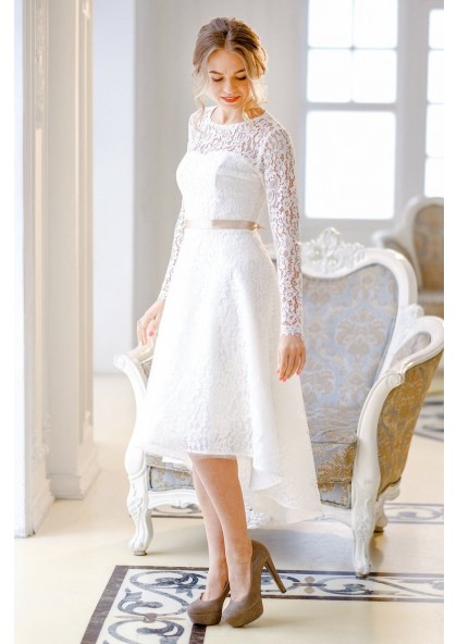 high low long sleeve wedding dress