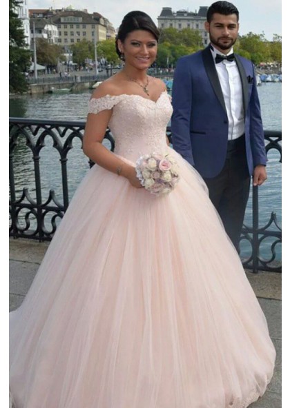 pink off shoulder ball gown
