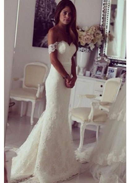 off shoulder sheath wedding dress