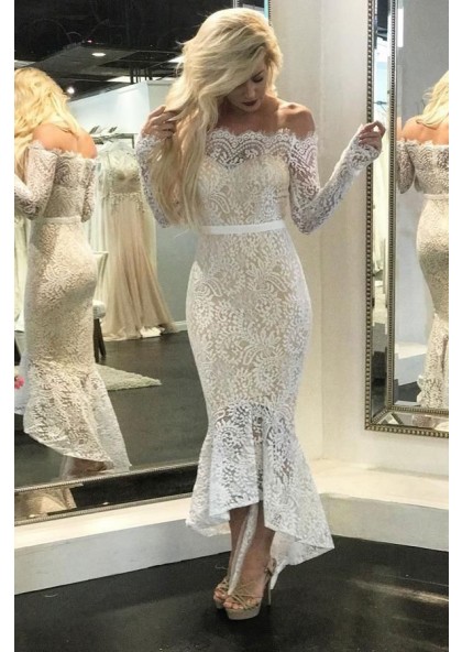 Sexy High Low Off Shoulder Long Sleeves Lace Short Beach Wedding ...