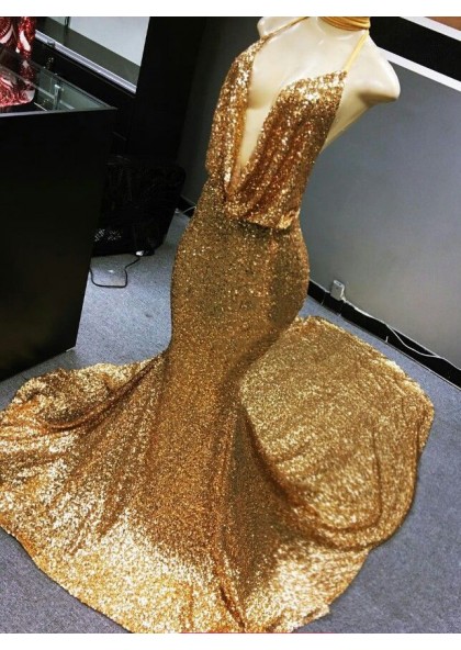 2023 Mermaid Gold Sequence Halter Deep V Neckline Long Backless Prom Dress