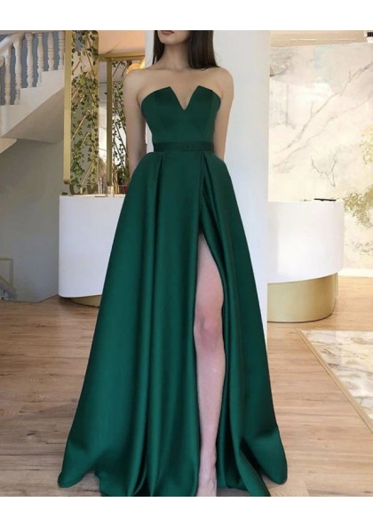 A Line Satin Dark Green V Neck Strapless Side Slit 2023 Long Prom Dress