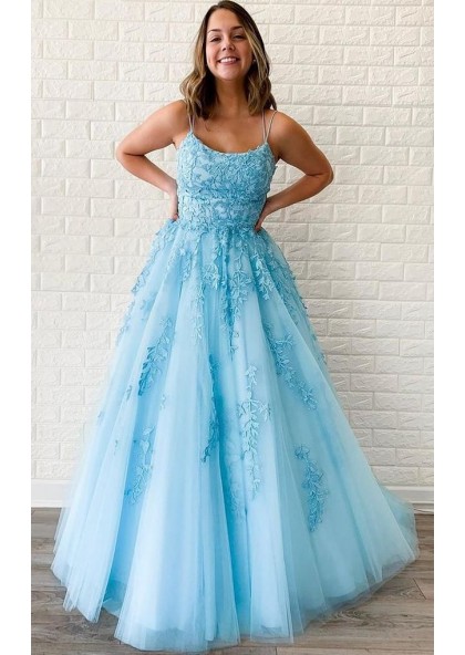 A Line Blue With Lace Patterns Halter Lace Up Long Prom Dresses 2023