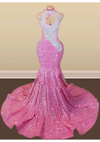 Pink Halter Sequins Long Mermaid Prom Dresses 2023