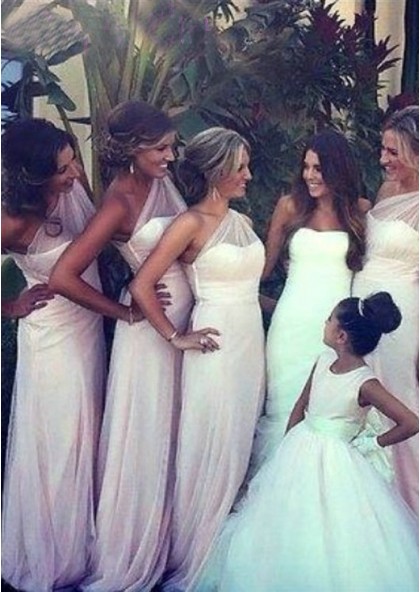 one shoulder pink bridesmaid dress