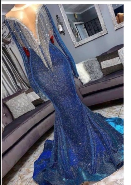 royal blue long sleeve mermaid prom dress