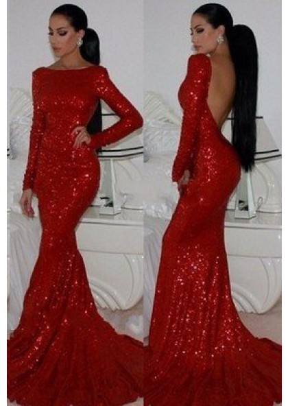 red long sleeve backless dress