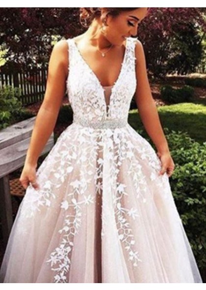 a line princess v neck prom dress