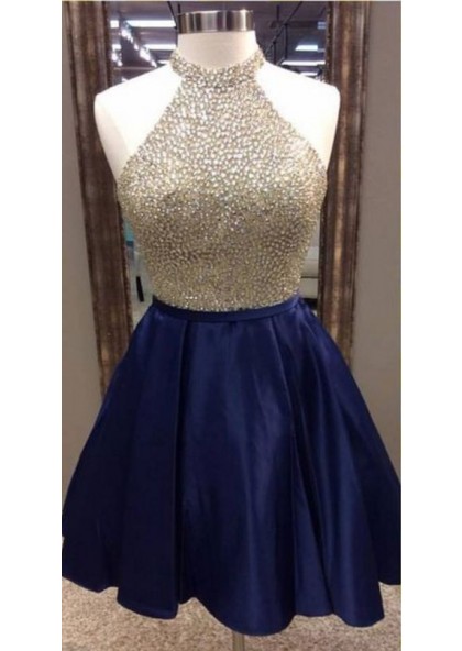 A,Line Jewel Navy Blue Satin Short Homecoming Dress 2019 with Beading