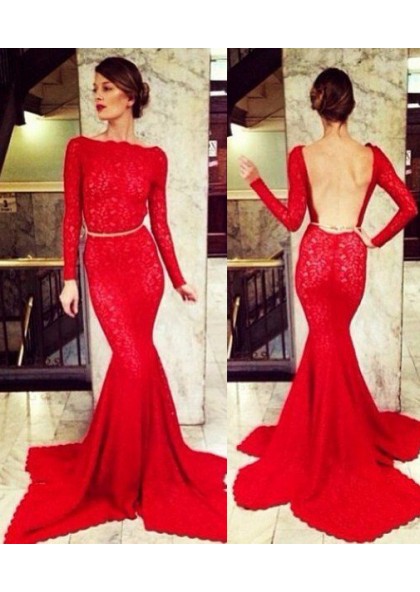 red lace prom dress long sleeve