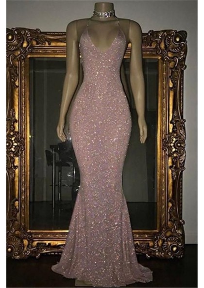 pink sequin halter dress