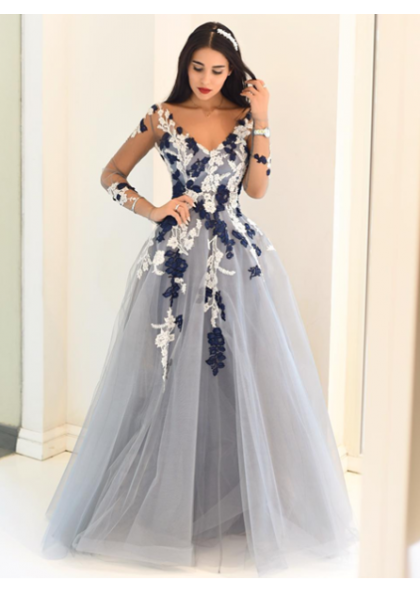 prom dress with mesh sleeves