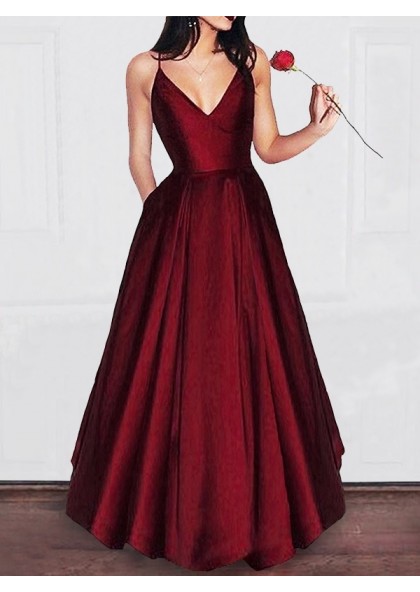 burgundy satin prom dress