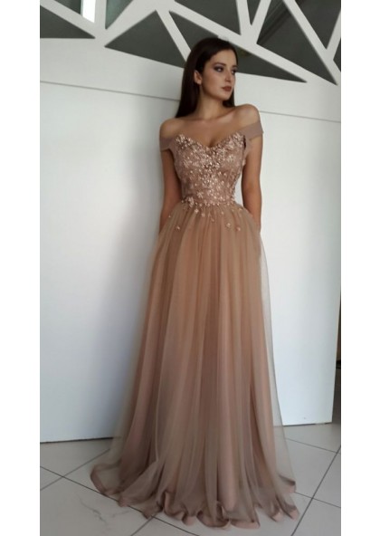 champagne off the shoulder prom dress