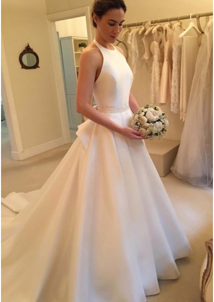 a line wedding dress with long train