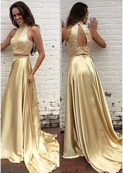 satin gold prom dress