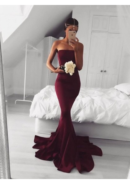 strapless maroon prom dress